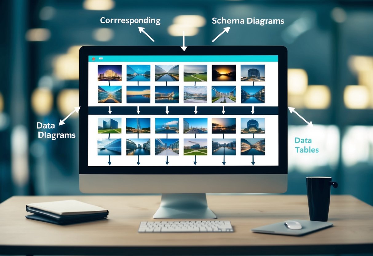 A computer displaying a grid of labeled images, with arrows connecting them to corresponding data tables and schema diagrams
