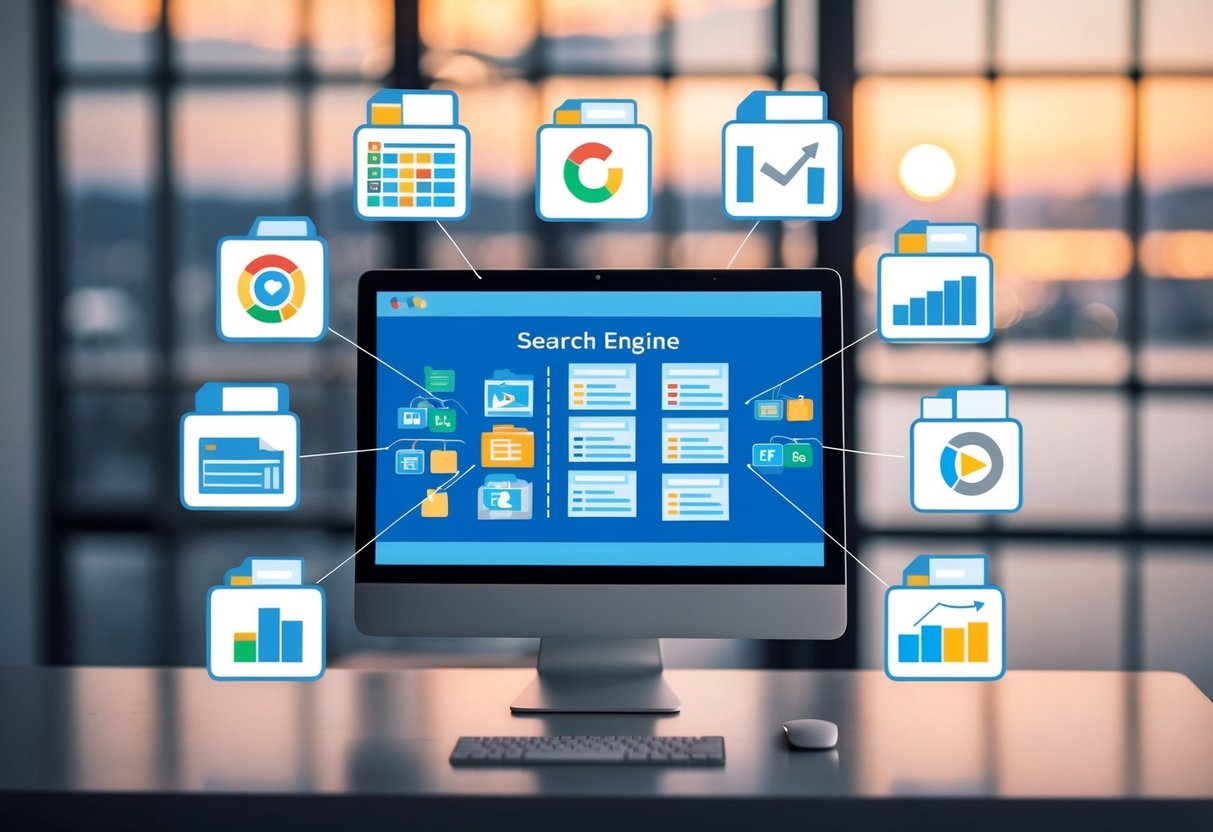 A search engine algorithm sorting and categorizing various media files, including videos and images