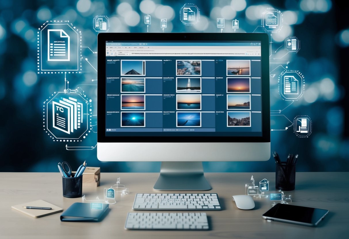 A computer displaying various image file formats, surrounded by data structures and symbols