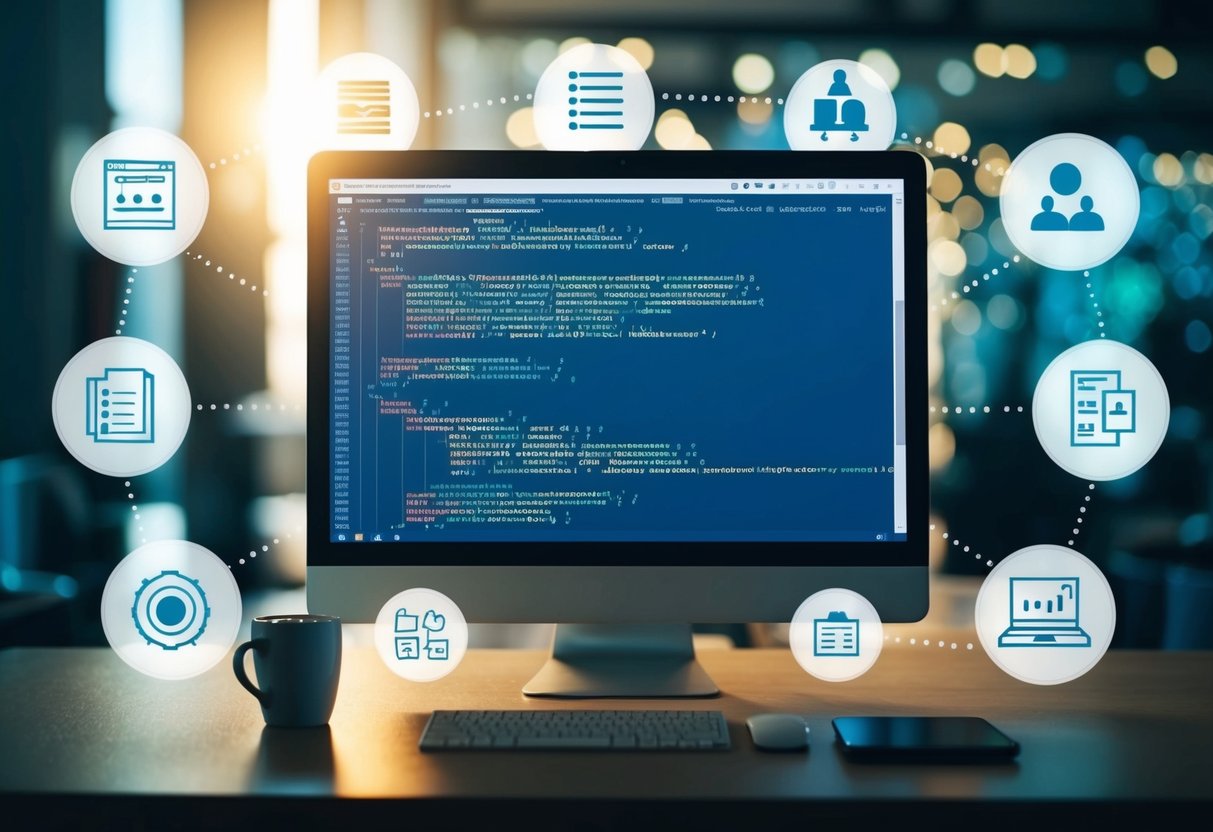 An image of a computer screen with code displayed, surrounded by various icons and symbols representing structured data and RDFa implementation
