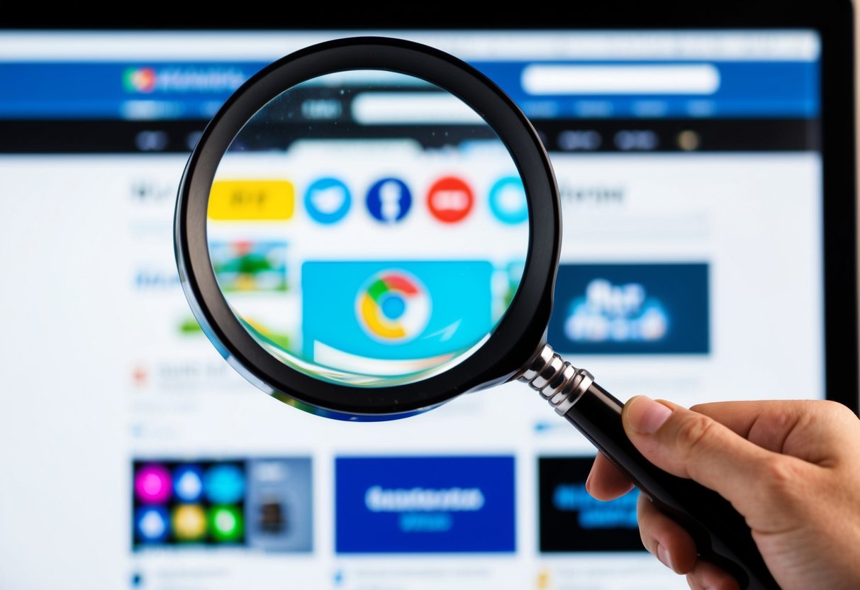 A magnifying glass hovering over a computer screen, with various website icons and a search bar visible