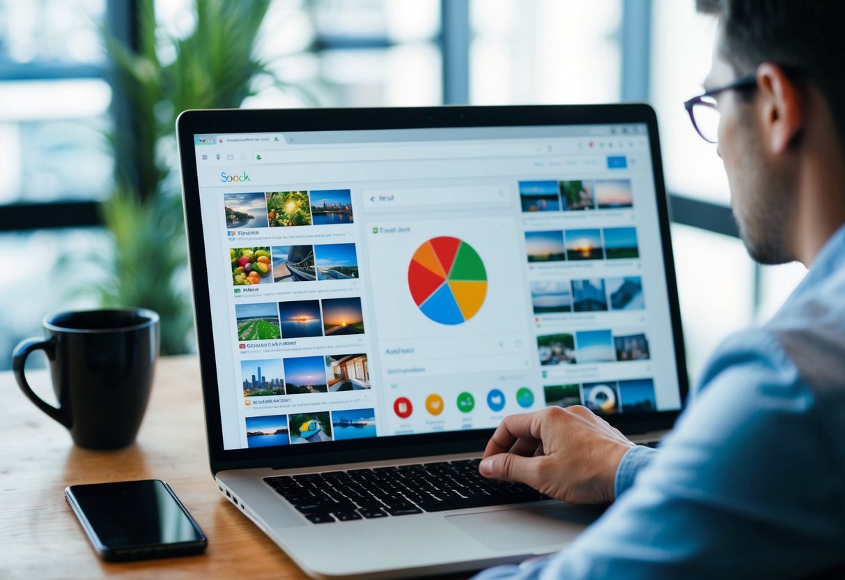 A person using a search engine, with various images and search results displayed on the screen