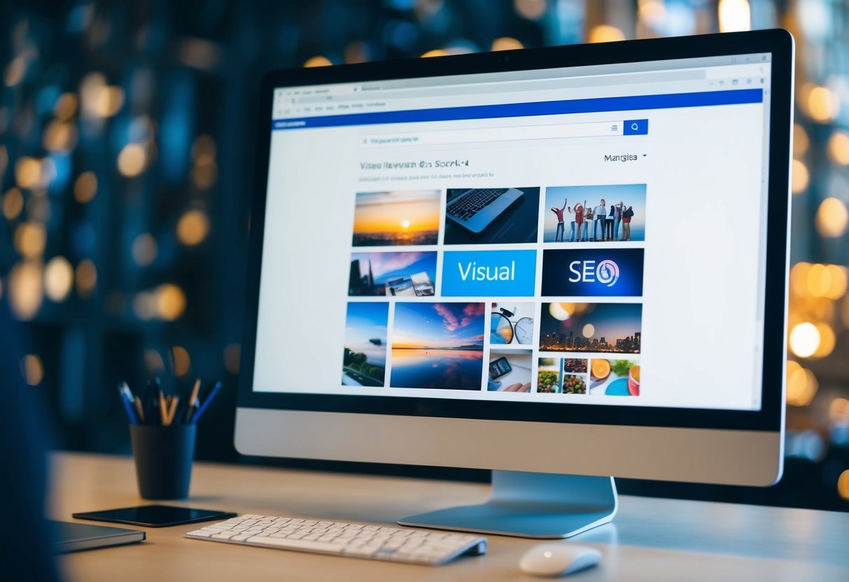 A computer screen displaying a visual search result page with various images related to SEO and visual content