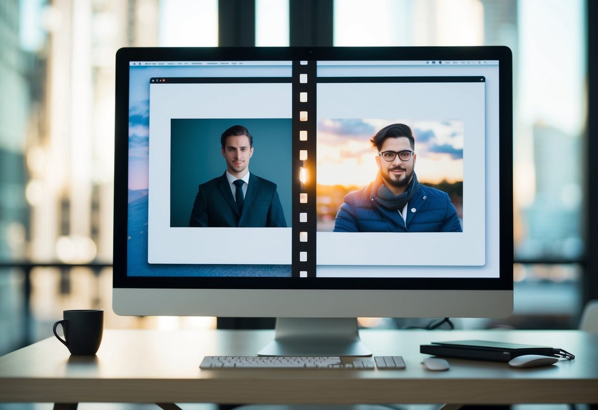 A computer with a split screen showing a generic stock image on one side and a unique original photo on the other