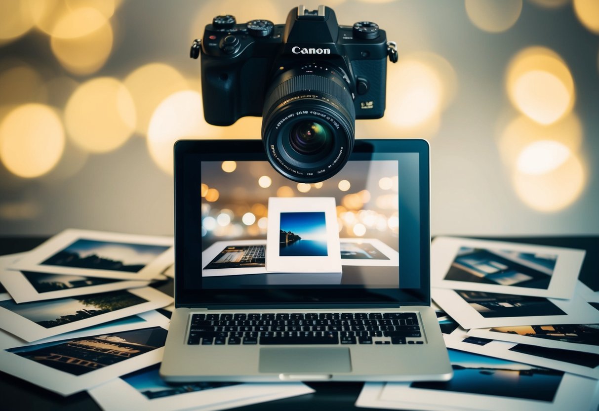 A laptop surrounded by stock photo prints, overshadowed by a camera capturing original visual content