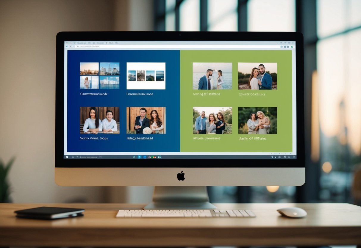 A computer with a split screen, one side showing generic stock images and the other showing unique original photos. The original photos side is highlighted