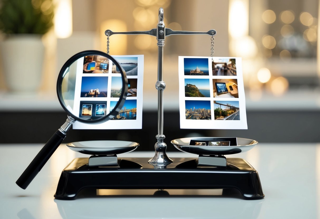 A scale with one side holding stock images and the other holding original photos, with a magnifying glass hovering over the original photos side