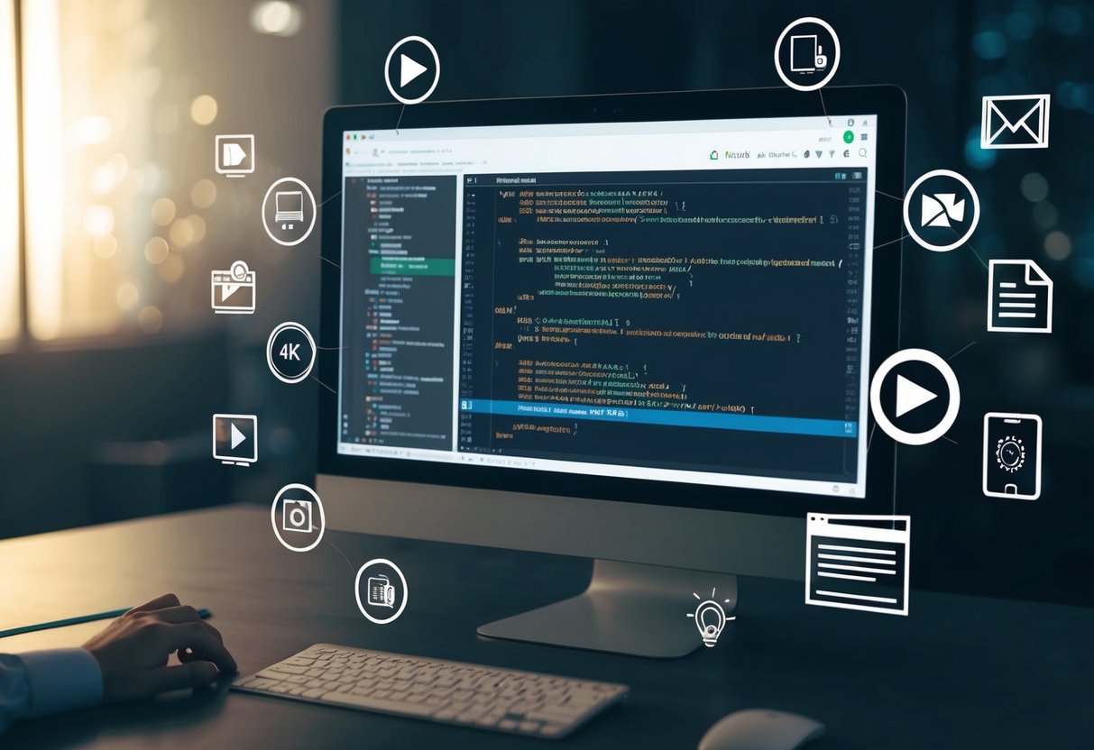 A computer screen displaying code for video schema markup, surrounded by relevant icons and symbols