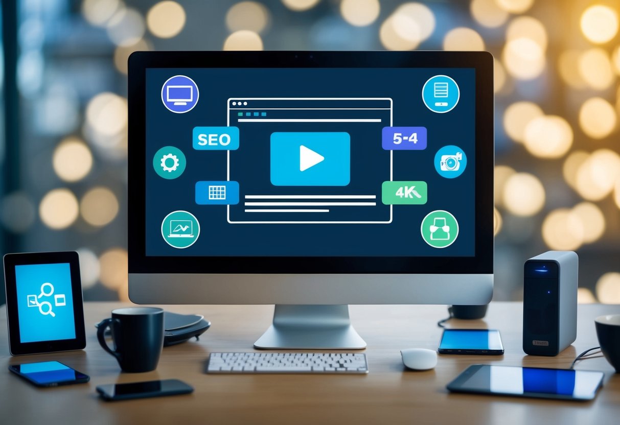 A computer screen displaying a video with SEO schema markup, surrounded by various digital devices and SEO-related icons