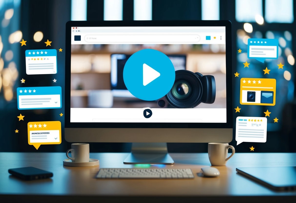 A computer screen displaying a video with a play button, surrounded by various rich snippet elements such as star ratings, reviews, and product information