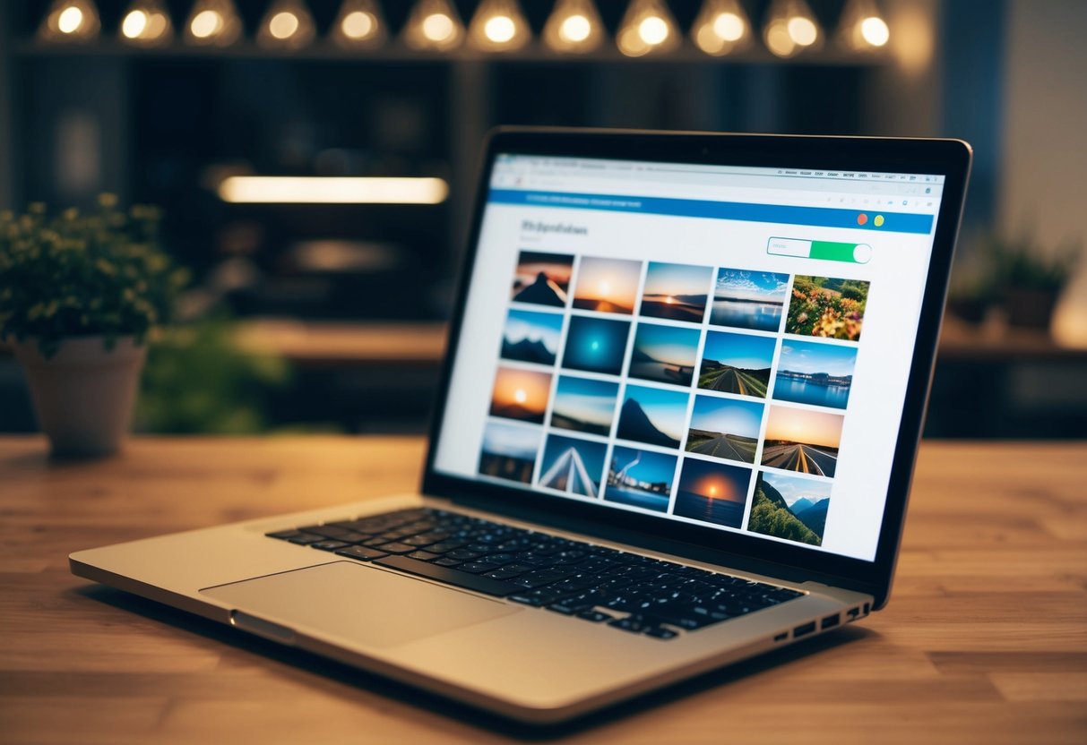 A laptop displaying a webpage with various images, while a progress bar indicates optimization