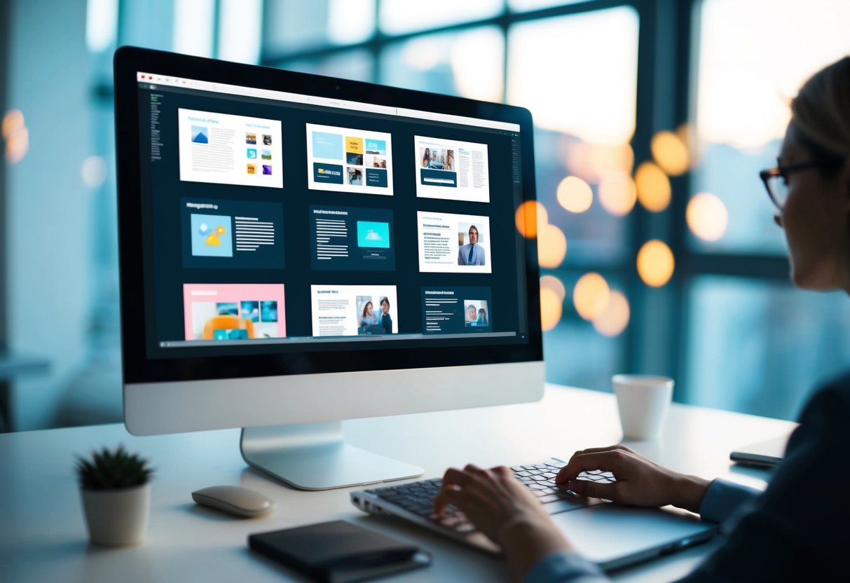 A computer screen with various types of content (blogs, articles, images) being transformed into video format using editing software