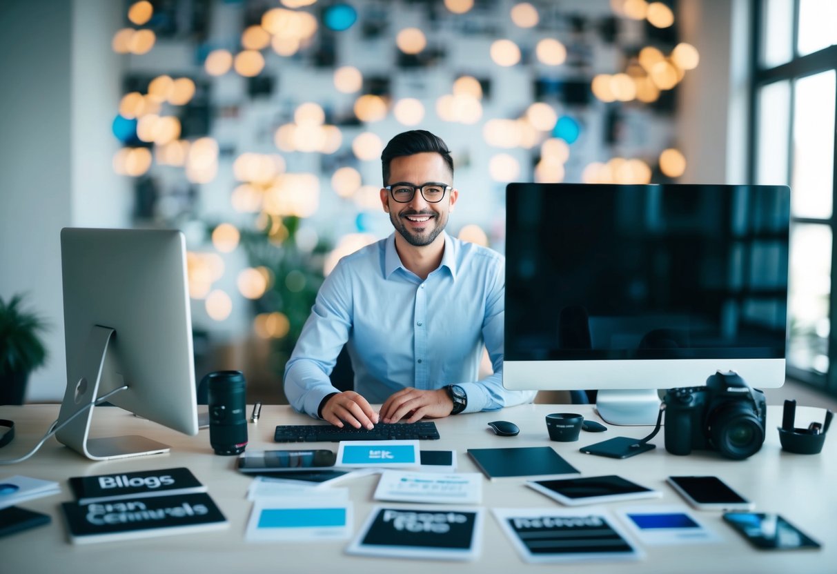 A person at a desk surrounded by various types of content (blogs, articles, social media posts) with a computer and camera nearby