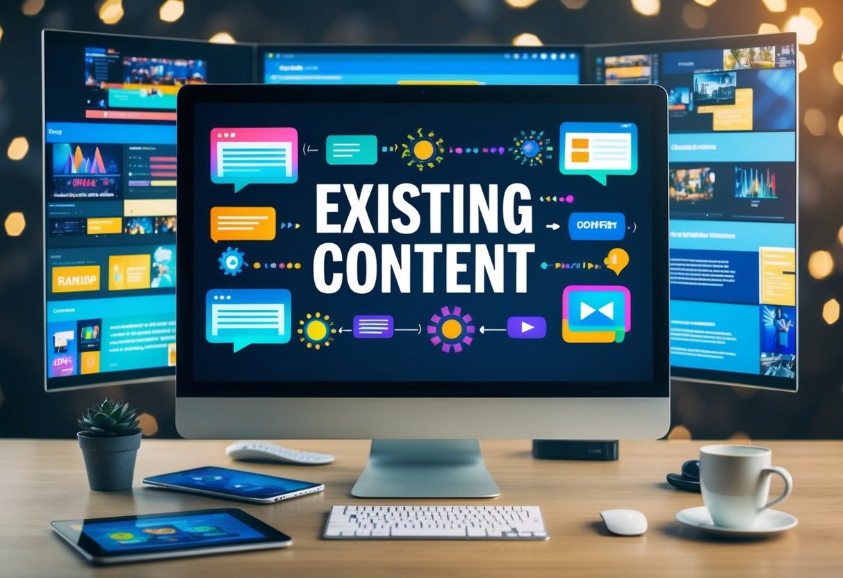 A computer screen surrounded by various multimedia elements, with text transforming into vibrant visuals and existing content being repurposed into dynamic videos