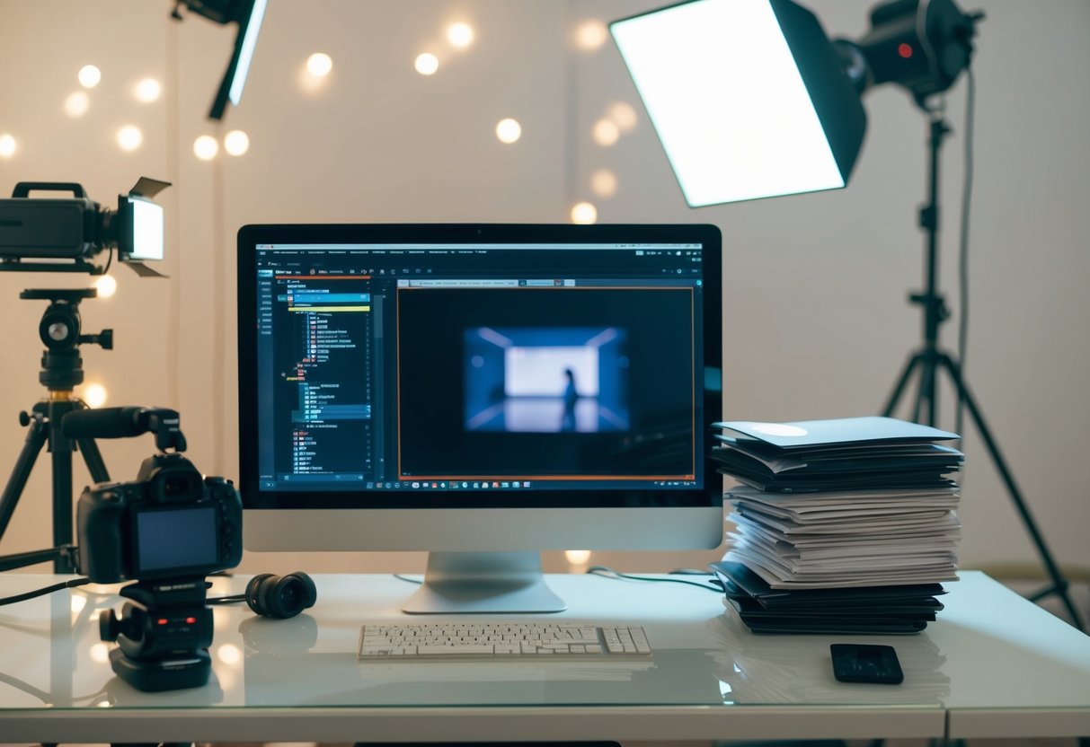 A table with a computer, camera, and lighting equipment set up for video production, with a stack of existing content materials nearby