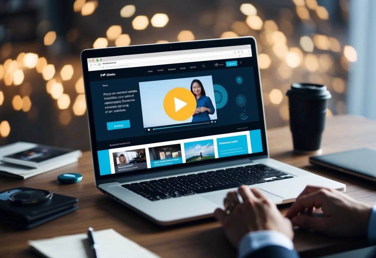 A laptop displaying a webpage with a video player surrounded by various elements of a webpage layout, such as text, images, and buttons