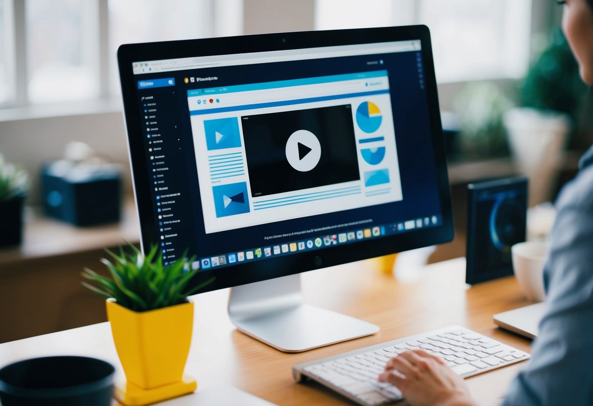 A computer screen displaying a webpage with a video player embedded in the center, surrounded by text and graphics