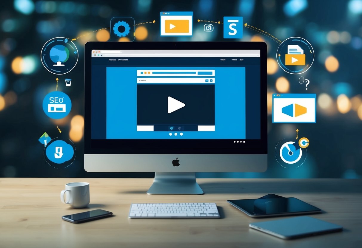 A computer screen displaying a webpage with a video player, surrounded by various web elements and icons related to SEO and video placement