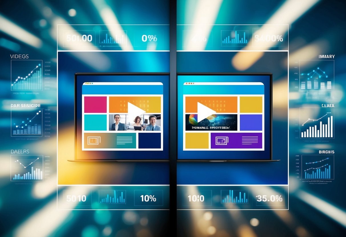 A split-screen showing two different video thumbnails with various elements such as colors, imagery, and text, surrounded by data charts and graphs