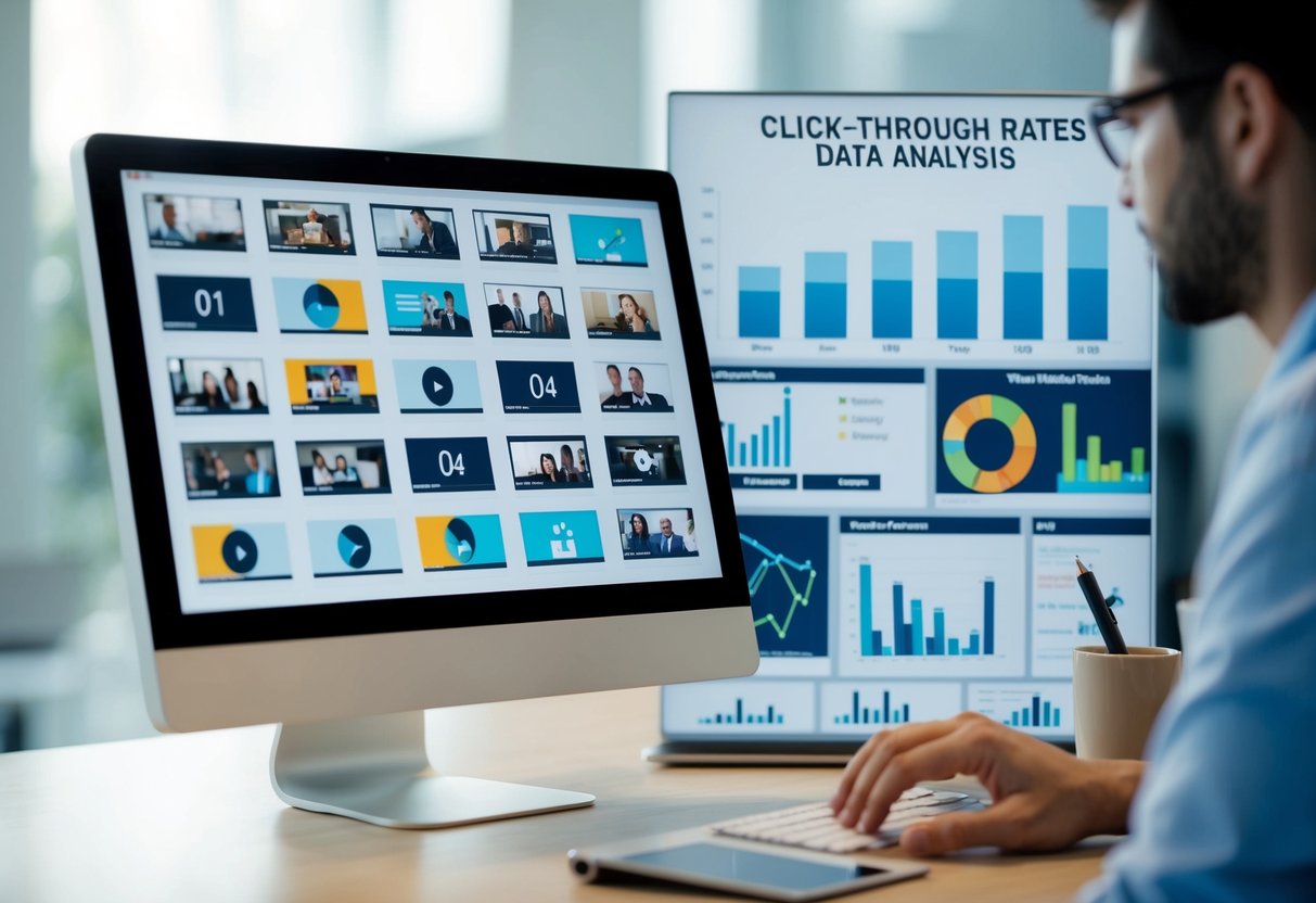 A computer screen displaying various video thumbnails, surrounded by charts and graphs showing click-through rates and data analysis