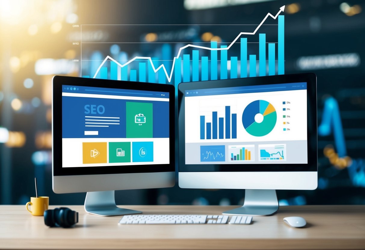 A computer screen split in two, showing different video content. A graph in the background indicates SEO performance