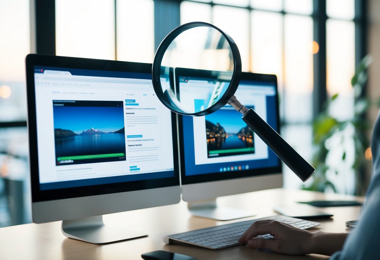 A computer screen split into two, showing different video content. A magnifying glass hovers over each, indicating analysis for SEO performance