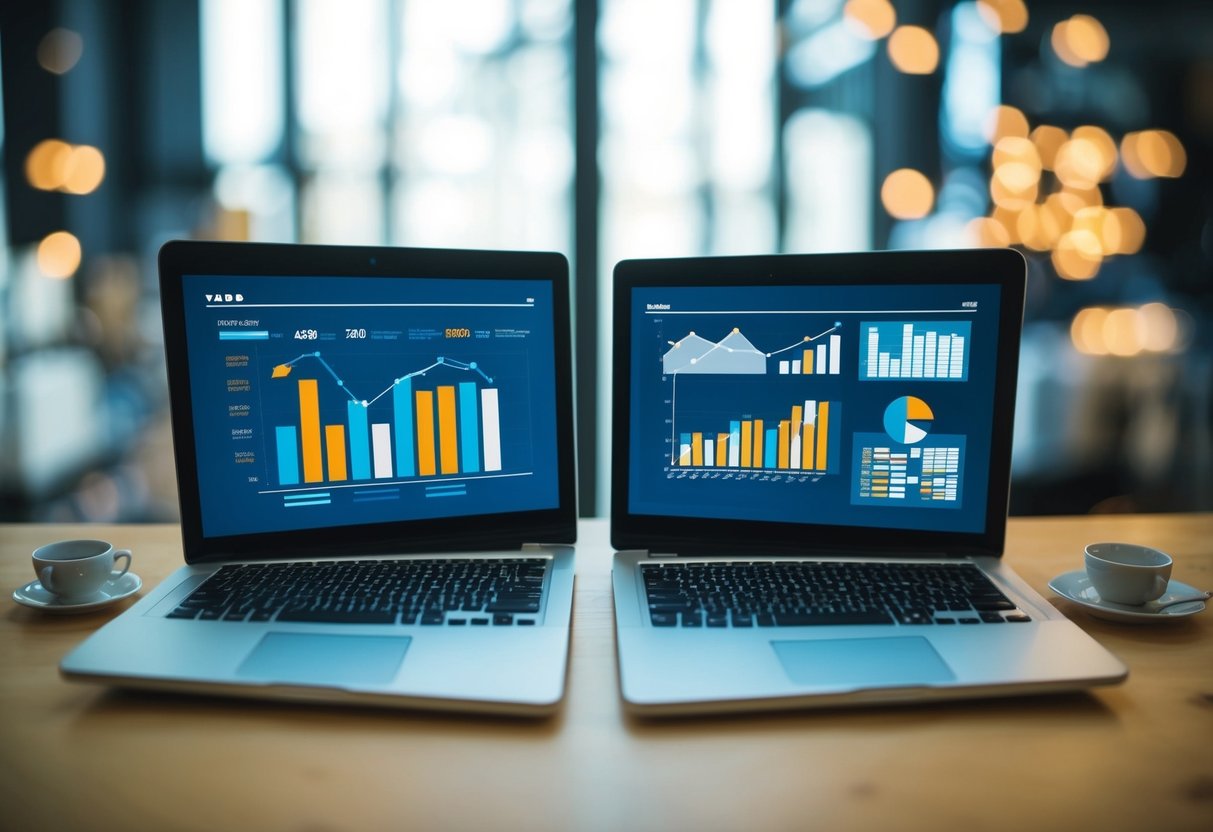 A split screen showing two different video clips with graphs and data visualizations in the background