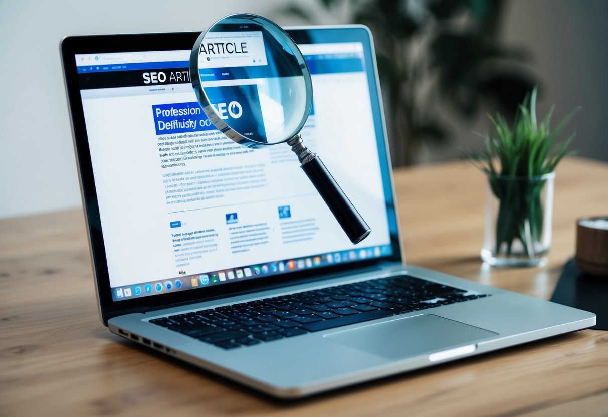 A laptop displaying an SEO article with a magnifying glass hovering over the screen