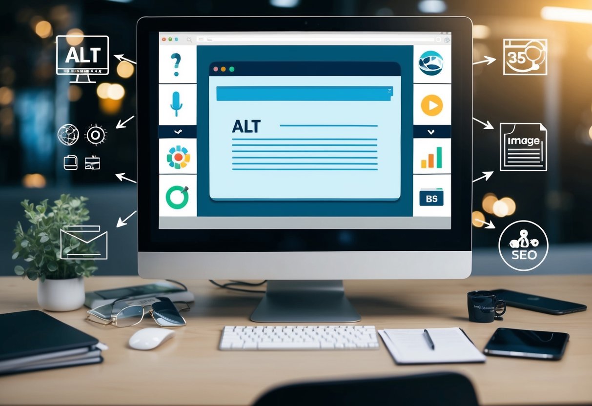 An image of a computer screen with an empty alt text field, surrounded by various icons and tools related to image optimization and SEO