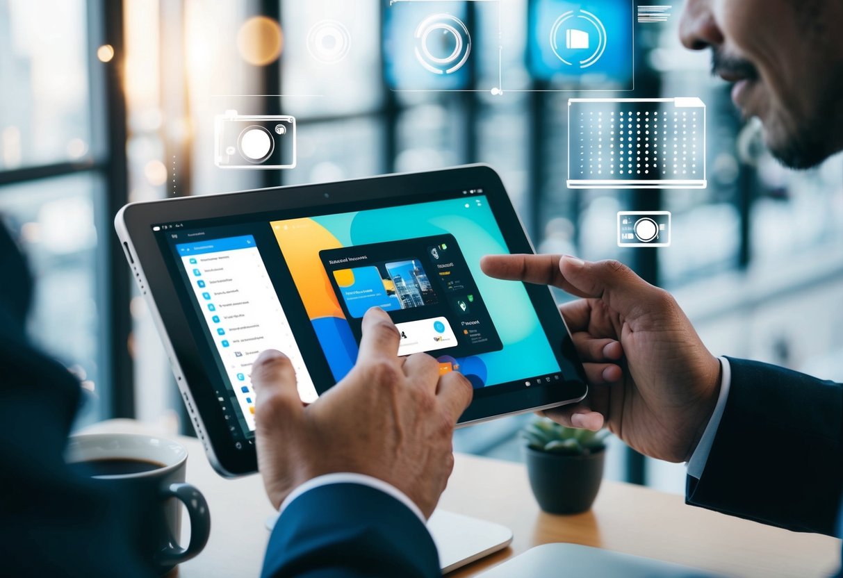 A person using a digital device, interacting with a visually engaging and intuitive interface, surrounded by modern design elements and graphics