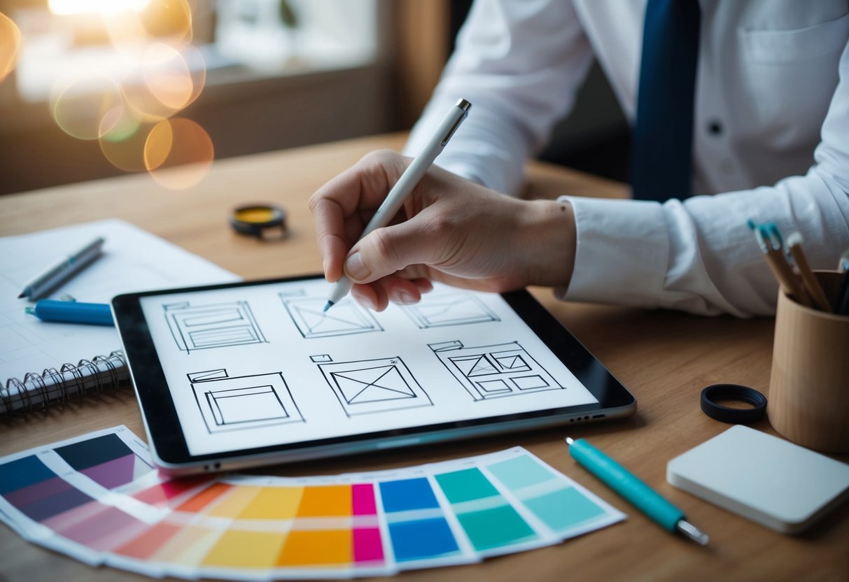 A designer sketching wireframes on a tablet, surrounded by color swatches and design tools