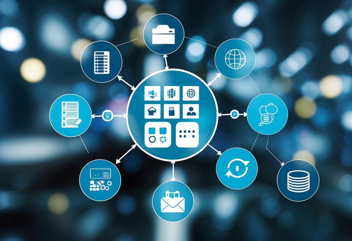 A series of interconnected icons and symbols representing various data sets and information, arranged in a visually appealing and easy-to-understand layout