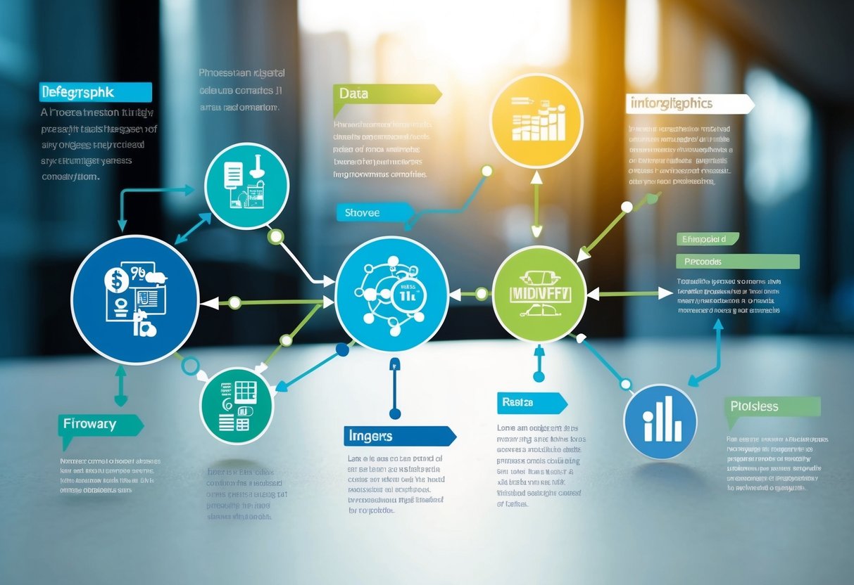A series of interconnected infographics display data and information, flowing seamlessly to tell a cohesive narrative