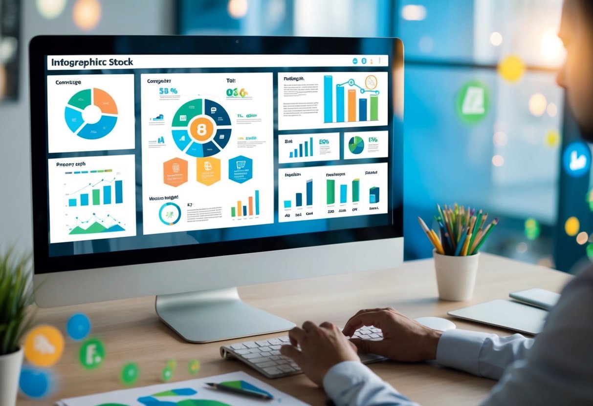 A person creating an infographic on a computer, surrounded by charts, graphs, and colorful icons