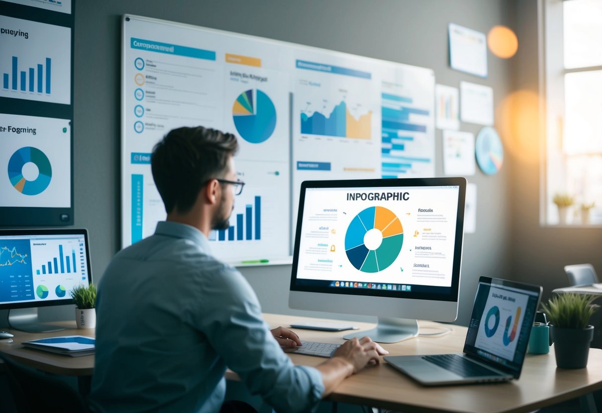 A person creating an infographic on a computer, surrounded by charts, graphs, and design software, with a brainstorming board on the wall