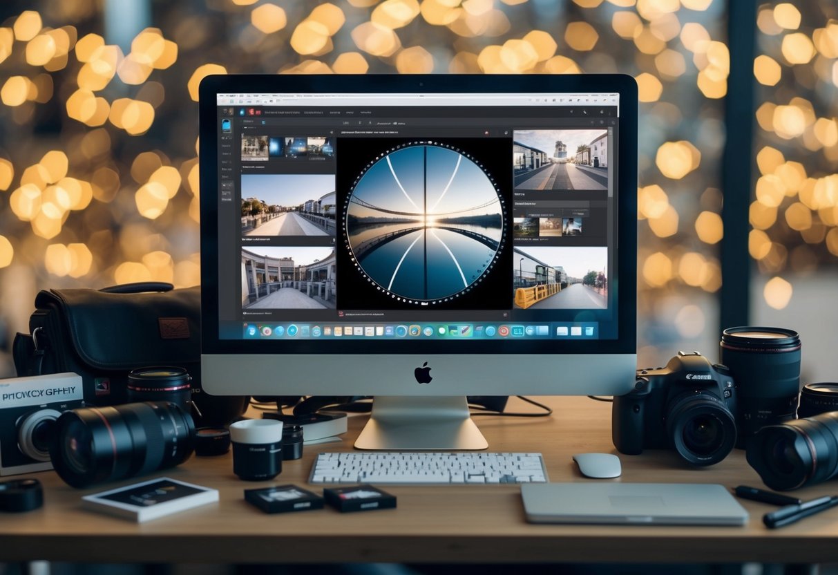 A computer with 360-degree image software open on the screen, surrounded by photography equipment and product samples
