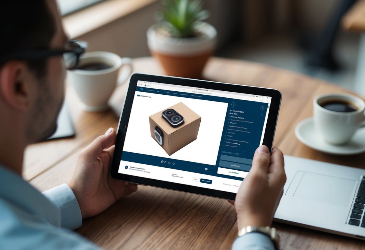 A user interacts with a 360-degree image on a product page, swiping and zooming to view the product from all angles