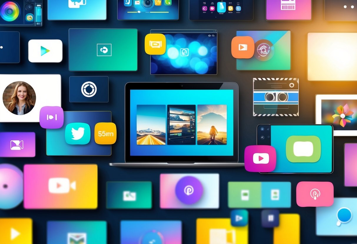 A vibrant, dynamic composition of various multimedia elements such as images, videos, and interactive graphics arranged in an engaging and visually appealing manner