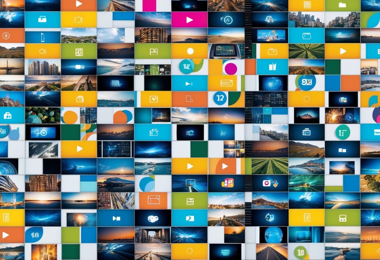 A colorful, dynamic collage of images, videos, and graphics arranged in a visually appealing and cohesive manner, drawing the viewer's attention and creating an immersive multimedia experience