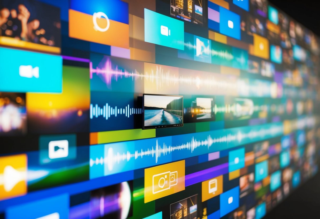 A colorful collage of images, videos, and sound waves merging together in a dynamic and interactive display