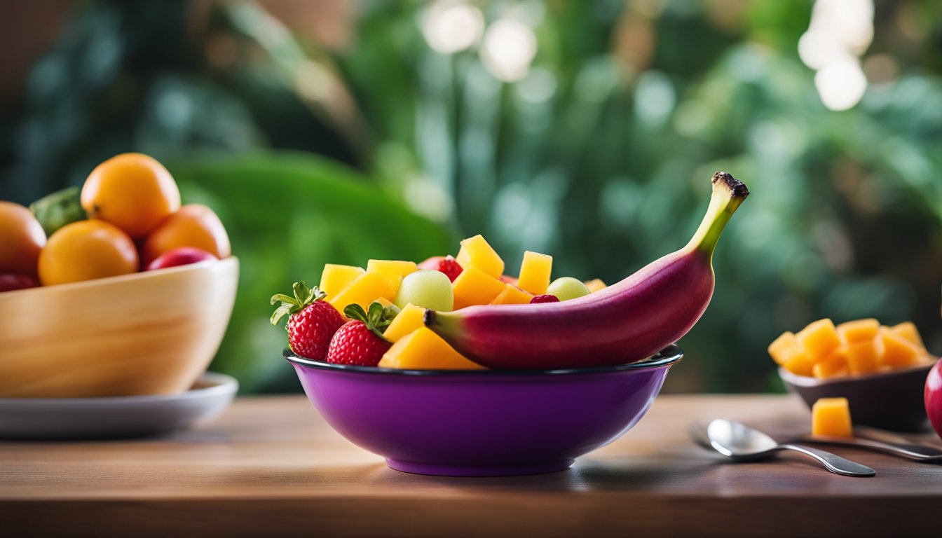 A vibrant red banana nestled among a bowl of fruit salad, its reddish-purple skin glistening in the light, enticing the viewer with the promise of a sweet and creamy addition to their meal