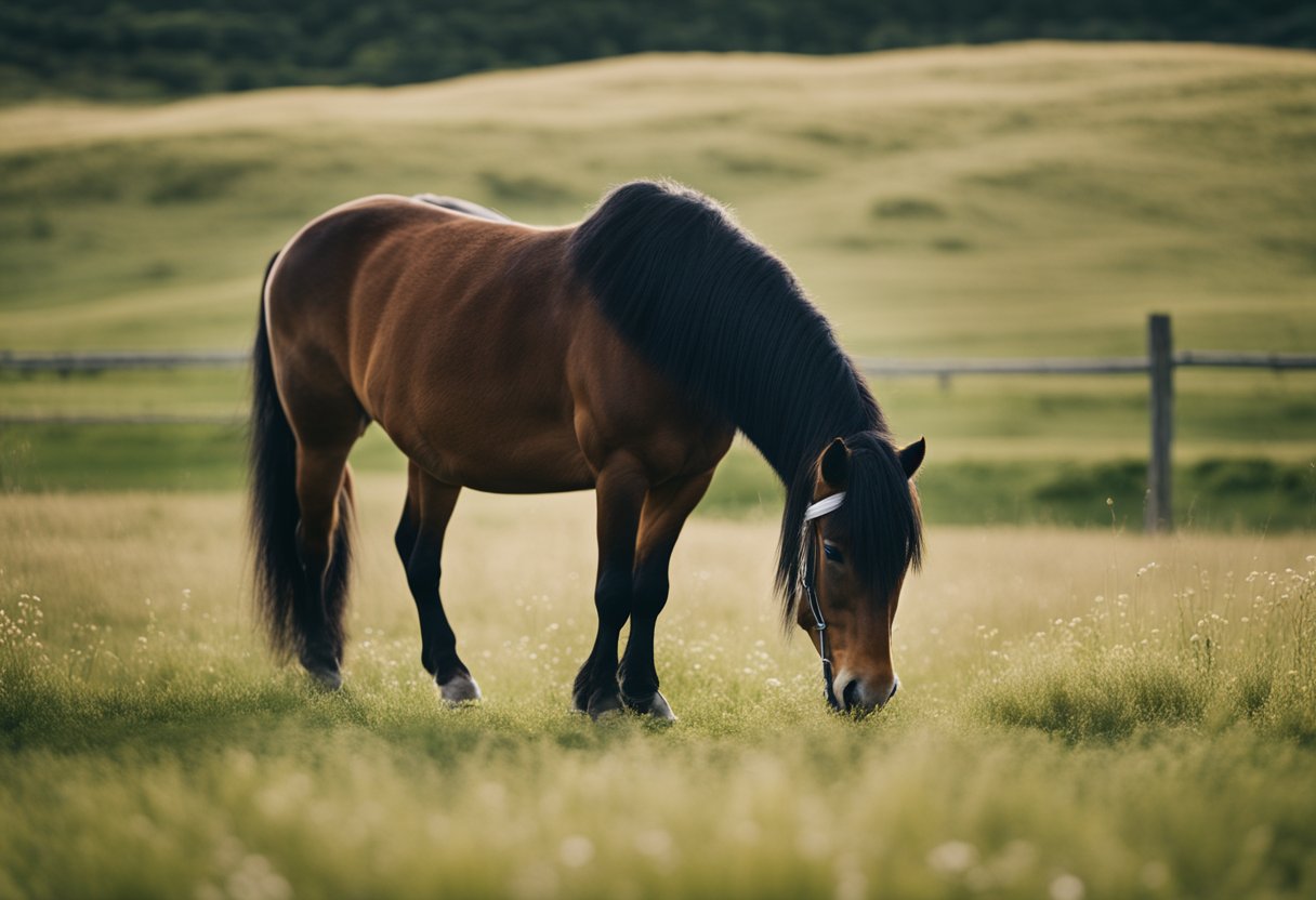 En islandsk hest som beiter i et frodig, åpent felt mens den blir observert av en veterinær