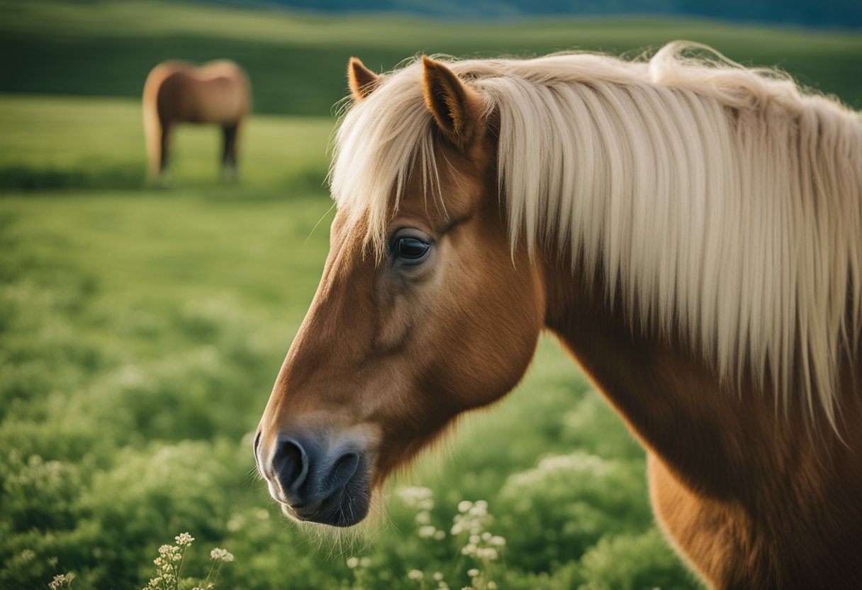 En islandsk hest som beiter i en frodig, grønn eng, med en klar, blå himmel over. I nærheten tilbyr et rent, godt vedlikeholdt stall ly og beskyttelse.