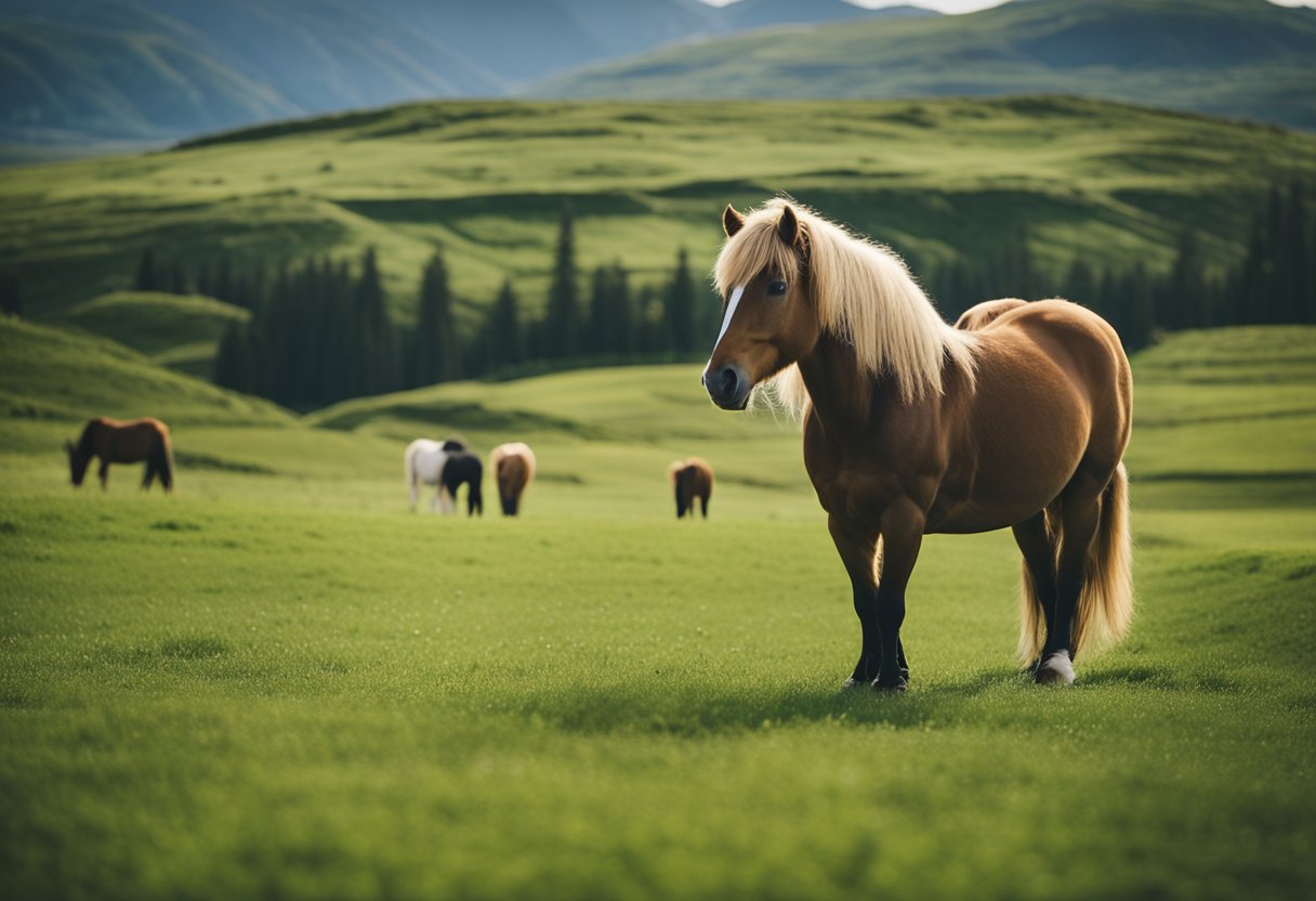 En islandsk hest som blir trent og tatt vare på, omgitt av frodige grønne marker og et rolig naturlandskap