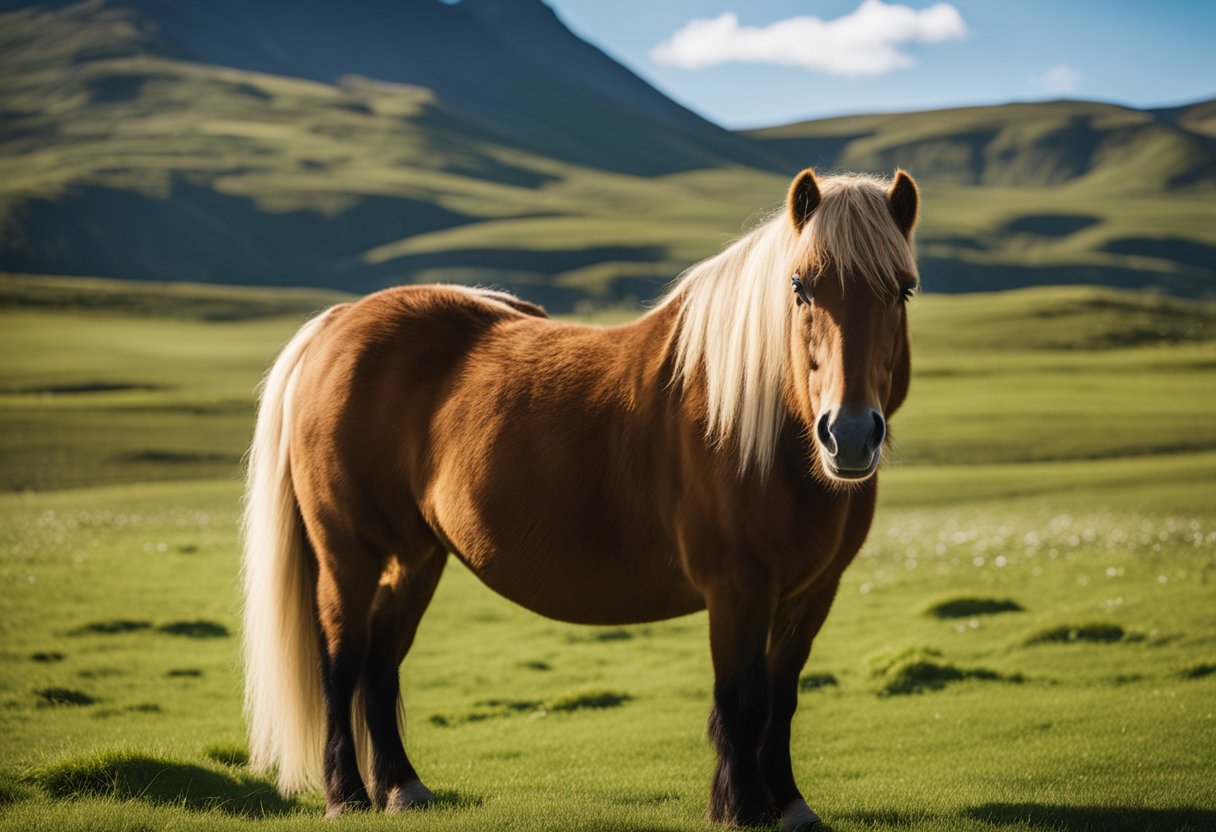 En sunn og livlig islandsk hest som beiter på frodig grønt beite med en klar blå himmel og fjell i bakgrunnen