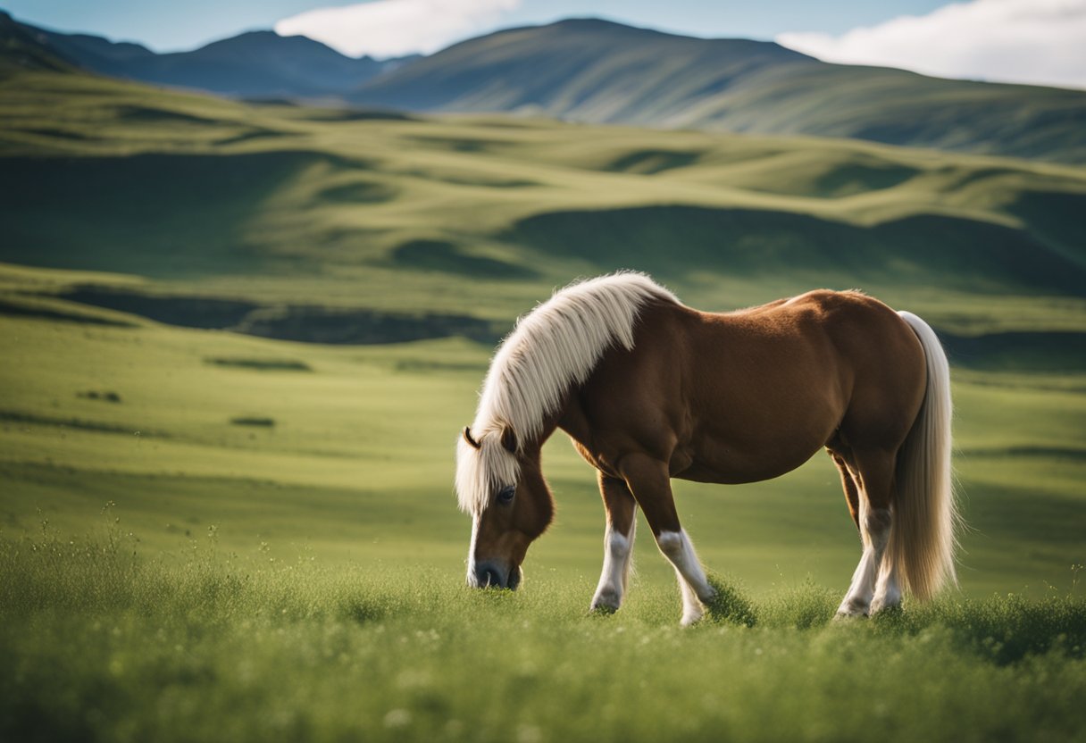 En rolig islandsk hest som beiter i en frodig, grønn eng, omringet av fjell og klar blå himmel