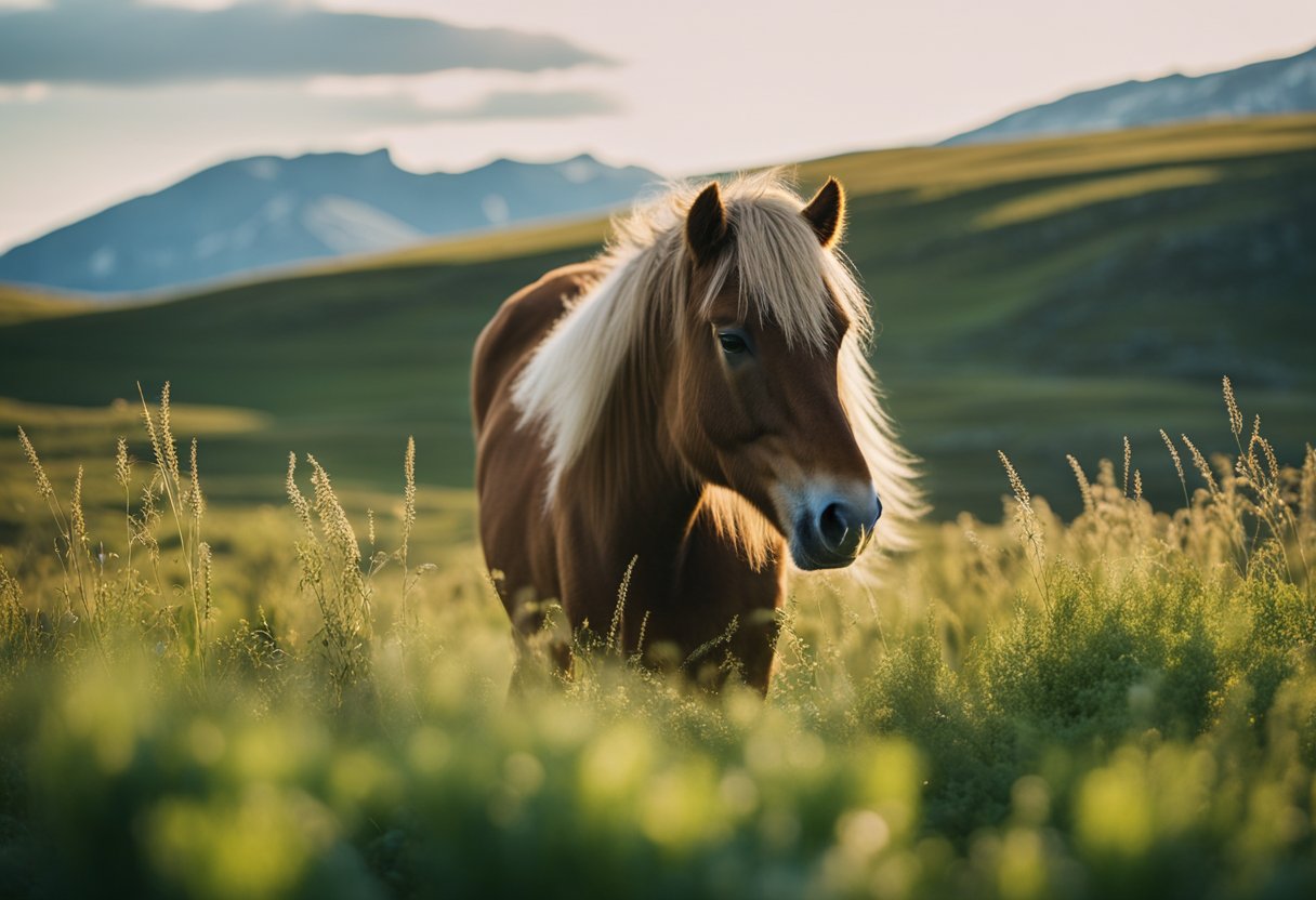 En frodig grønn eng med en tilfreds islandsk hest som beiter på en rekke sunne planter og gress, med en klar blå himmel i bakgrunnen