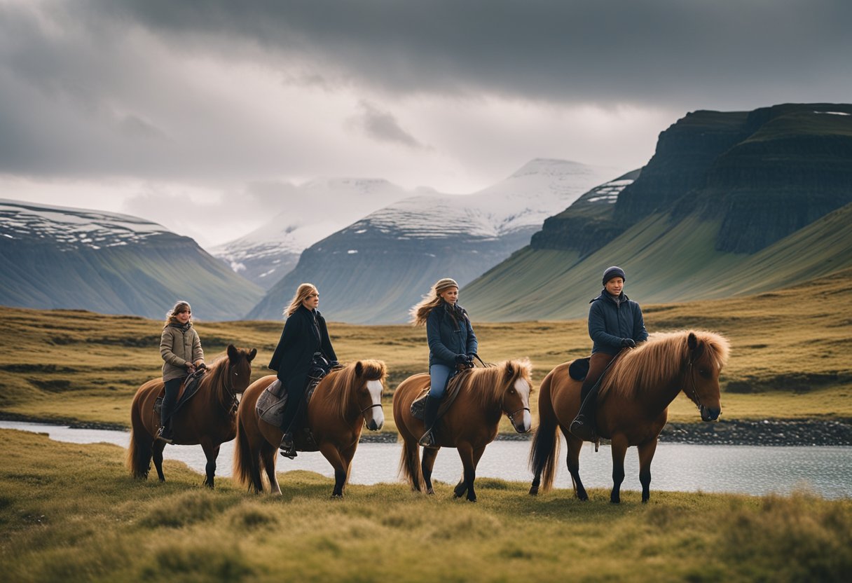 En familie rir islandske hester gjennom et naturskjønt landskap, med fjell og fosser i bakgrunnen.