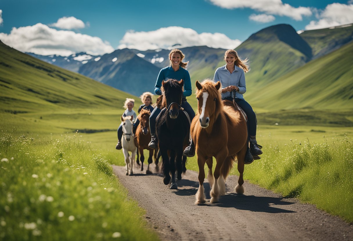 En familie som rir på islandske hester sammen gjennom et frodig, grønt landskap, med fjell i bakgrunnen og en klar, blå himmel over.