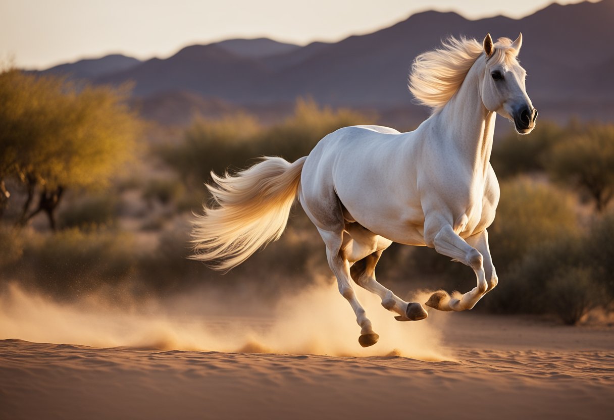 En majestetisk arabisk hest som galopperer gjennom en ørkenoase ved solnedgang